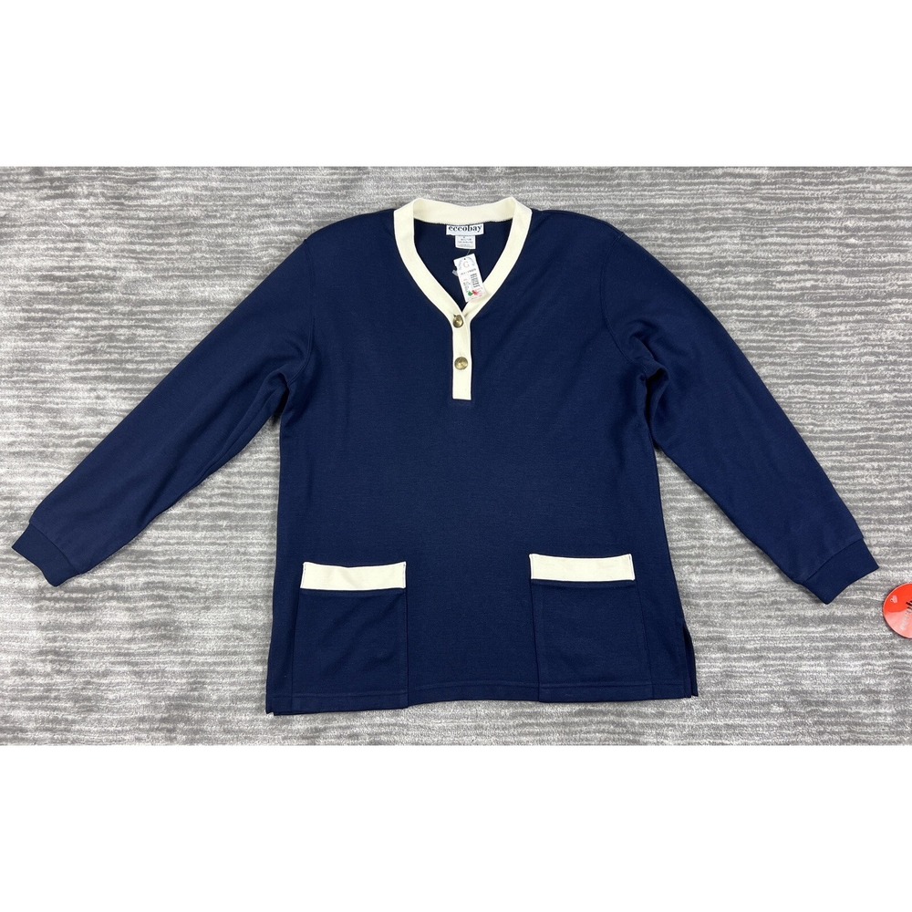 Eccobay Pullover Womens Medium Navy Blue Cream V-Neck Button Front Pocket Top